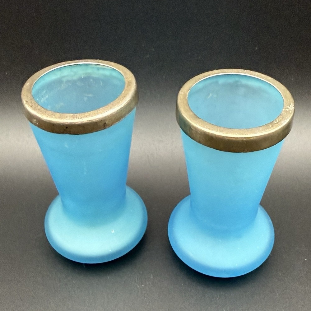 Antique Italian Opaline Blue Glass Posy Bud Vase Pair Silver Rim Victorian 3in - Picture 5 of 8